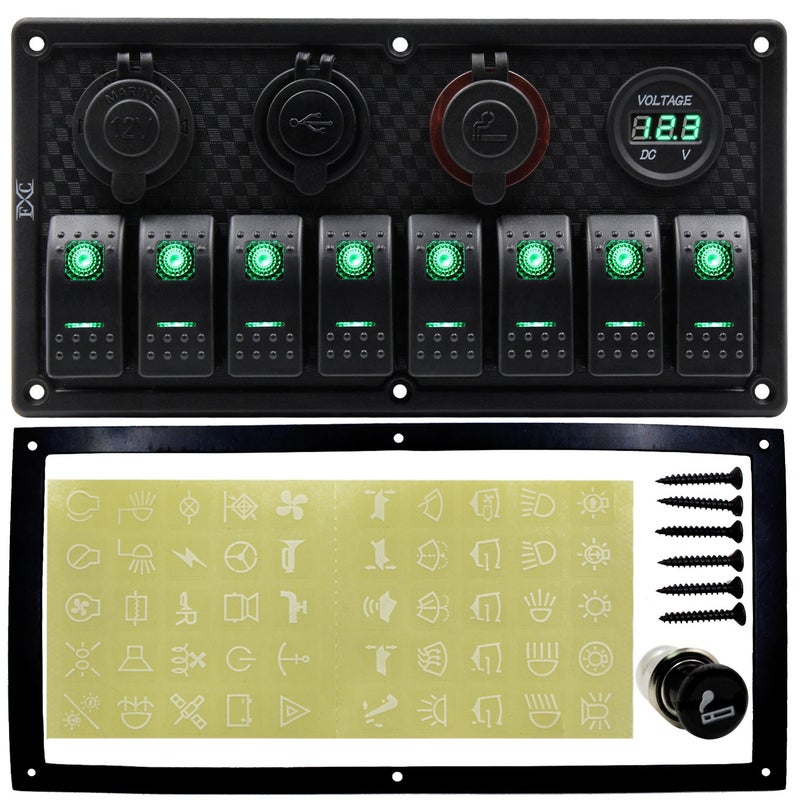 FXC Waterproof Marine Boat Rocker Switch Panel 8 Gang with Dual USB Slot Socket + Cigarette Lighter and Adapter + Digital Voltage Display LED Light for Car Rv Vehicles Truck (8 Gang Green Light) - Image 2